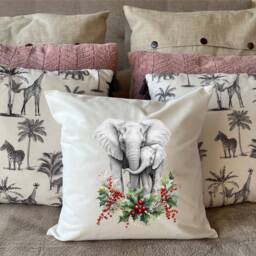 Elephant Christmas Cushion Mother & Child Flowers Holly Pillow Cover Decoration New Home Housewarming Gift Idea Feastive Season Holidays - thumbnail 3