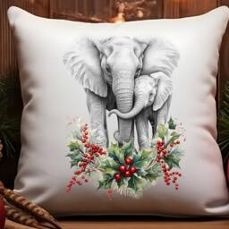 Elephant Christmas Cushion Mother & Child Flowers Holly Pillow Cover Decoration New Home Housewarming Gift Idea Feastive Season Holidays - thumbnail 2