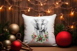 Elephant Christmas Cushion Mother & Child Flowers Holly Pillow Cover Decoration New Home Housewarming Gift Idea Feastive Season Holidays - thumbnail 1