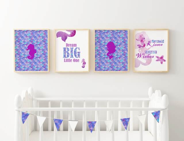 Mermaid Watercolor Nursery Wall Art, Unique Gift, Digital Download, Girls , Baby Shower Girl's Room, Dream Big - image 1