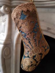 Luxury Christmas Stocking Blue & Gold Silk Brocatelle Rubelli Fabric Tebaldo Pattern - Made in Italy