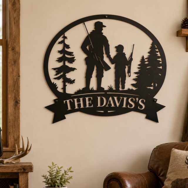 Custom Father & Son Hunting Silhouette Metal Wall Sign, Pine Tree Outdoor Themed Home Decor, Man Cave Hanging - image 1