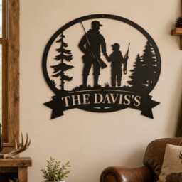 Custom Father & Son Hunting Silhouette Metal Wall Sign, Pine Tree Outdoor Themed Home Decor, Man Cave Hanging - thumbnail 1