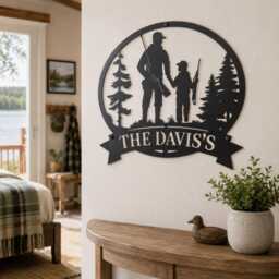 Custom Father & Son Hunting Silhouette Metal Wall Sign, Pine Tree Outdoor Themed Home Decor, Man Cave Hanging - thumbnail 4