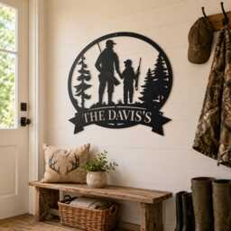 Custom Father & Son Hunting Silhouette Metal Wall Sign, Pine Tree Outdoor Themed Home Decor, Man Cave Hanging - thumbnail 2