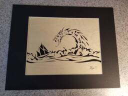 Too Far From Shore Wood Cut, Dragon Attacking Ship, Sea Serpent Attacks Ship - thumbnail 1