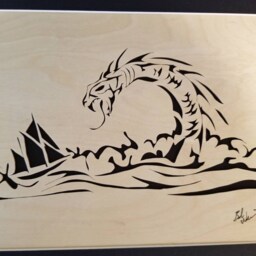 Too Far From Shore Wood Cut, Dragon Attacking Ship, Sea Serpent Attacks Ship - thumbnail 2