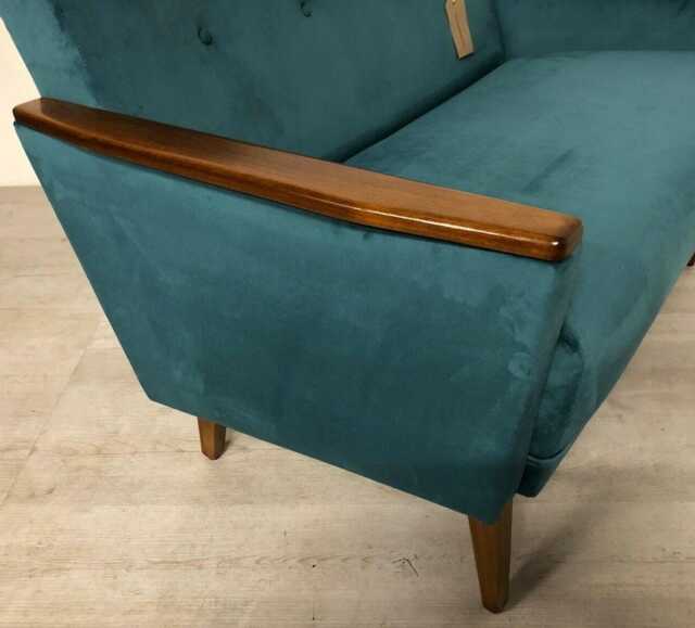 New, Handmade Mid Century Inspired Model 55 Peacock Velvet 2 Seat Sofa Settee With Teak Finish - image 1