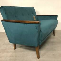 New, Handmade Mid Century Inspired Model 55 Peacock Velvet 2 Seat Sofa Settee With Teak Finish - thumbnail 4