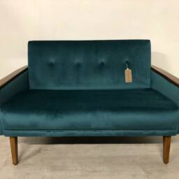 New, Handmade Mid Century Inspired Model 55 Peacock Velvet 2 Seat Sofa Settee With Teak Finish - thumbnail 2
