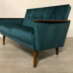 New, Handmade Mid Century Inspired Model 55 Peacock Velvet 2 Seat Sofa Settee With Teak Finish - thumbnail 3