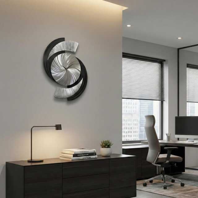 Abstract Black Metal Wall Clock Modern Silver Art, Eclipse 18x24 - image 1