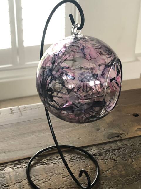 Hand Painted, Candle Holder, Hanging Glass Baubles. Lantern. Pinks & Grey. Candle Holder On A Stand. Glass Christmas Gift - image 1