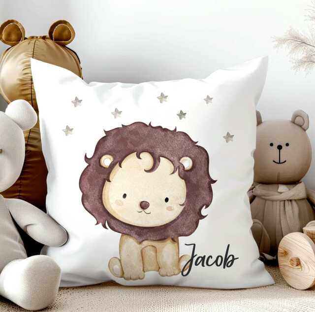 Custom Lion Safari Animals Personalised Nursery Cushion, Giraffe, Zebra, Elephant Theme, Jungle Design - image 1