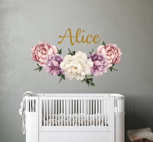 Custom Name Wall Decal Baby Girl Bedroom, Large Peony Decor Nursery, Watercolor Peonies Flowers Sticker, Peel & Stick Princess Room - image 1