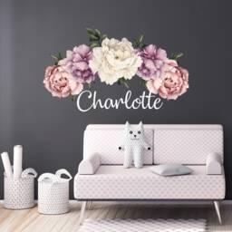 Custom Name Wall Decal Baby Girl Bedroom, Large Peony Decor Nursery, Watercolor Peonies Flowers Sticker, Peel & Stick Princess Room - thumbnail 3