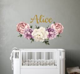 Custom Name Wall Decal Baby Girl Bedroom, Large Peony Decor Nursery, Watercolor Peonies Flowers Sticker, Peel & Stick Princess Room - thumbnail 1