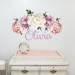 Custom Name Wall Decal Baby Girl Bedroom, Large Peony Decor Nursery, Watercolor Peonies Flowers Sticker, Peel & Stick Princess Room - thumbnail 2