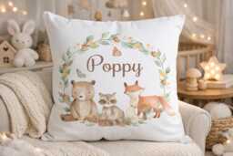 Personalised Woodland Cushion, Nursery Pillow, Kids Name Bedroom Decor, Baby Shower Gift - thumbnail 1