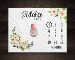Baby Girl Milestone Blanket Month Growth Tracker Minky Fleece Custom Personalized Shower Gift Watercolor Floral Newborn - thumbnail 1