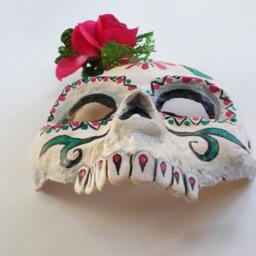 Day Of The Dead Mask, Sugar Skull, Skull Mask, Half Red Flower, Paper Mache, Wearable, Calaca - thumbnail 2