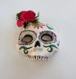Day Of The Dead Mask, Sugar Skull, Skull Mask, Half Red Flower, Paper Mache, Wearable, Calaca - thumbnail 1