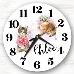 Watercolour Floral Kittens Cats Girls Room Custom Gift Personalised Clock - thumbnail 1