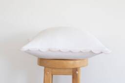 White Linen Scalloped Edge Pillow Cover With Pale Pink Detailing - 16x16'' Size - thumbnail 1