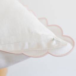 White Linen Scalloped Edge Pillow Cover With Pale Pink Detailing - 16x16'' Size - thumbnail 3