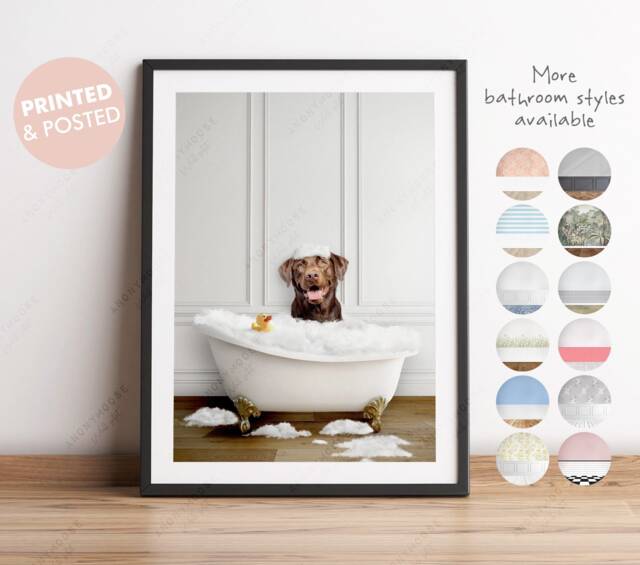 Chocolate Labrador Retriever Dog in A Bath Print, Bathing, Funny Bathroom Animal Bathtub, Tub Whimsy - image 1