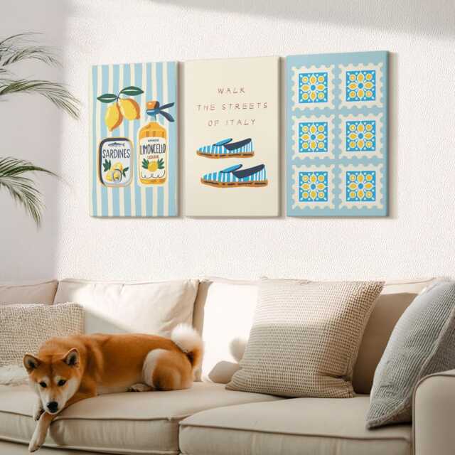 Canvas Set Of 3 Wall Art - Fruit Patterns & Elements Italian Culture, Turquoise Print On Canvas, Travels Hanging Piece - image 1