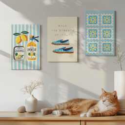 Canvas Set Of 3 Wall Art - Fruit Patterns & Elements Italian Culture, Turquoise Print On Canvas, Travels Hanging Piece - thumbnail 3