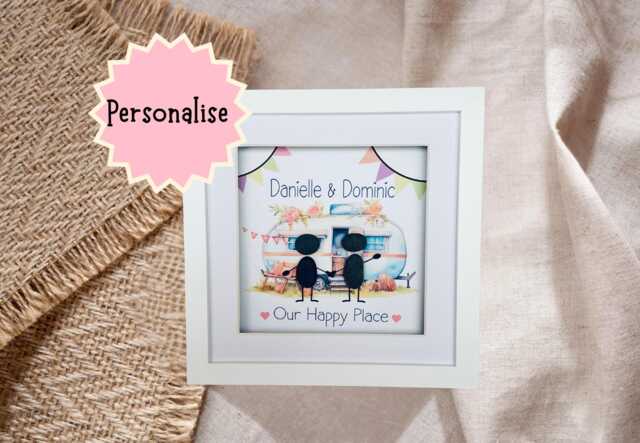 Personalised Caravan Pebble Art Picture - Family Frame Camping Gift Caravanning Keepsake Handmade - image 1