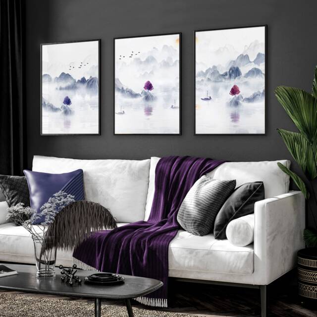 Japandi Wall Art Decor Framed 3 Piece Set Artwork For Zen Living Room, Very Peri Large Relaxing Asian Designer Japan Poster Prints - image 1