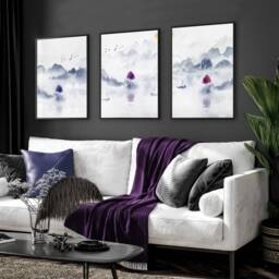 Japandi Wall Art Decor Framed 3 Piece Set Artwork For Zen Living Room, Very Peri Large Relaxing Asian Designer Japan Poster Prints - thumbnail 1