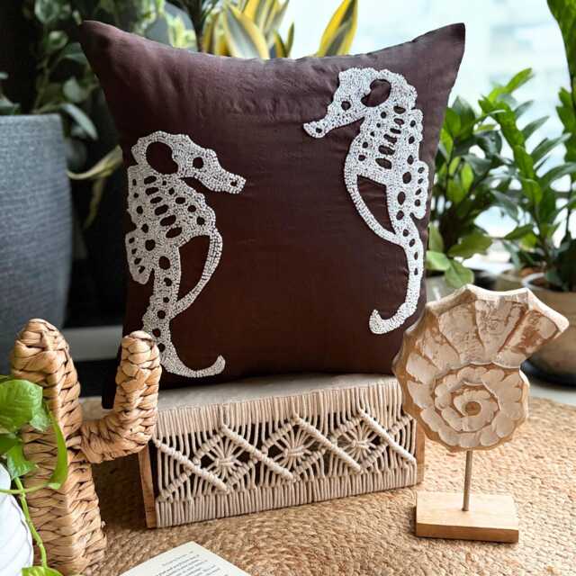 "Brown Beaded Sea Creature Art Silk Throw Pillow Cover, 16""x16" - image 1