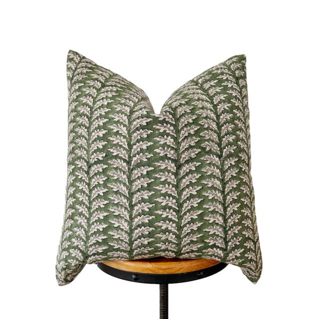 Block Print Linen Pillow Cover Green Oak Leaf Design - image 1