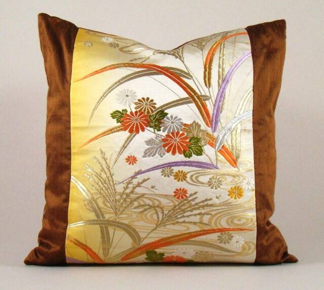 Autumn Floral Pillow Cover Vintage Japanese Obi Silk Brocade, Fits 18 - image 1