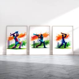 Cricket Print Set - India Flag Watercolour Poster Prints - Wall Art Gift For Cricketer Artwork Boys Room - thumbnail 1