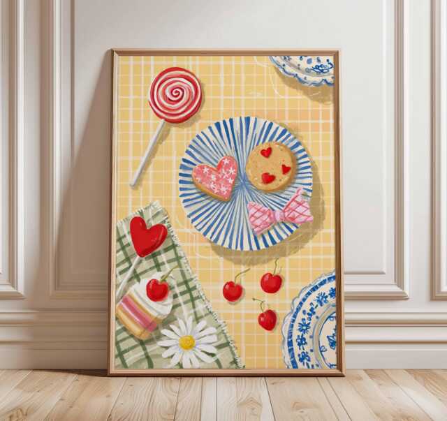 Cherry Picnic Poster, Heart Cookie Wall Art, Retro Kitchen Print, Sweet Summer Decor, Whimsical Food Illustration, Pastel Home Art - image 1
