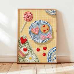 Cherry Picnic Poster, Heart Cookie Wall Art, Retro Kitchen Print, Sweet Summer Decor, Whimsical Food Illustration, Pastel Home Art - thumbnail 2