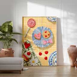 Cherry Picnic Poster, Heart Cookie Wall Art, Retro Kitchen Print, Sweet Summer Decor, Whimsical Food Illustration, Pastel Home Art - thumbnail 3