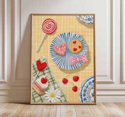 Cherry Picnic Poster, Heart Cookie Wall Art, Retro Kitchen Print, Sweet Summer Decor, Whimsical Food Illustration, Pastel Home Art - thumbnail 1