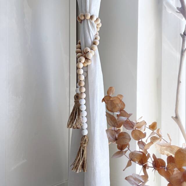 Boho Beaded Curtain Tiebacks Jute Tassel Wooden Ties - image 1
