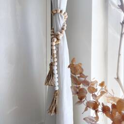 Boho Beaded Curtain Tiebacks Jute Tassel Wooden Ties - thumbnail 1
