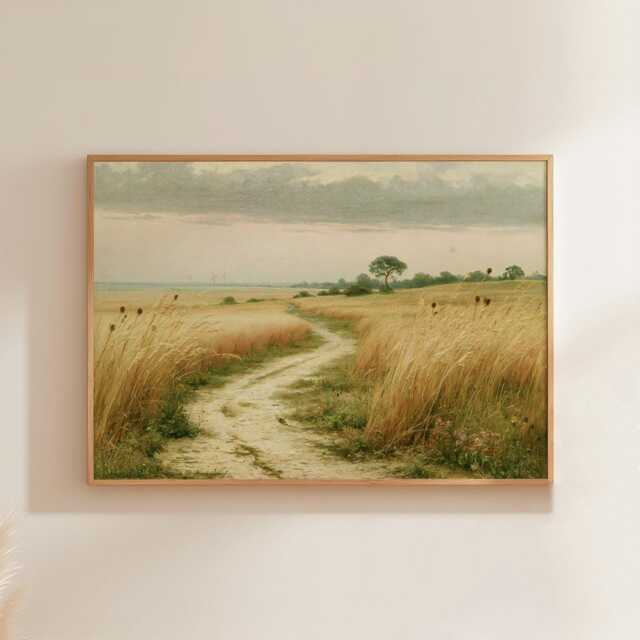 Golden Meadow Path Poster, Country Landscape Print, Paper Wall Art - image 1