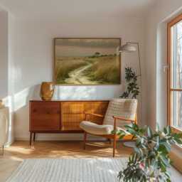 Golden Meadow Path Poster, Country Landscape Print, Paper Wall Art - thumbnail 2