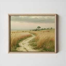 Golden Meadow Path Poster, Country Landscape Print, Paper Wall Art - thumbnail 3