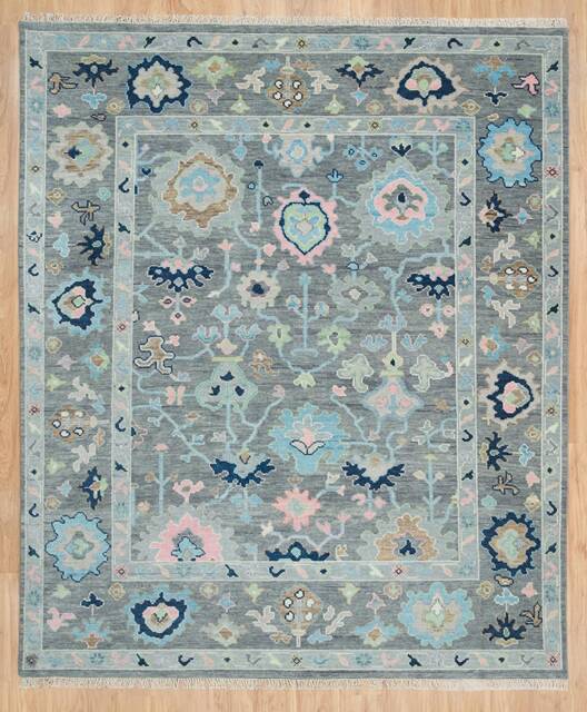 Gray Oushak Wool Rug, Light Pink, Green, Blue Floral Carpet, Custom Size Ar_3325 - image 1