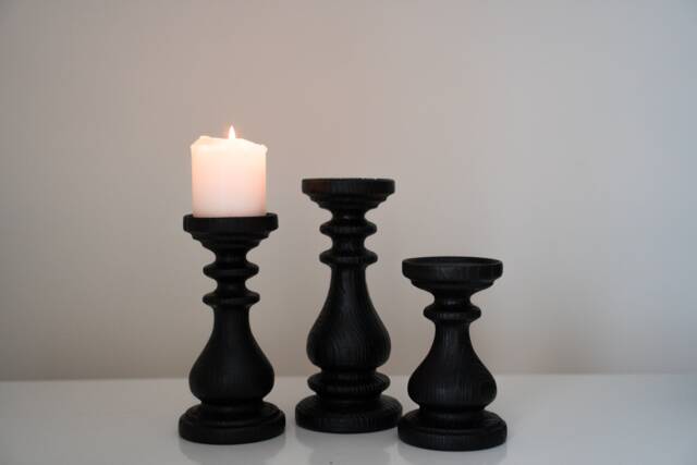 Cool Black Candle Holders Set 3 Rustic Sticks Three Wooden Decor Centerpiece Turned Wood Pillars Black Home Design Magic Cool - image 1